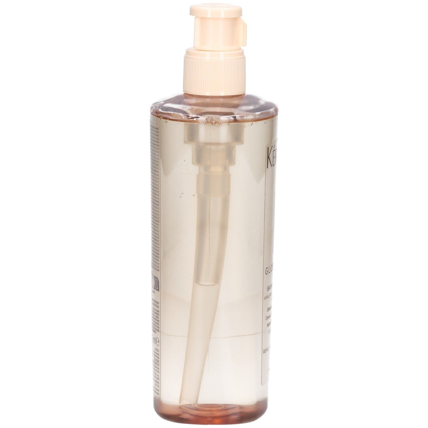 Rückseite der Kérastase Gloss Absolu Bain Hydra-Glaze Shampoo-Flasche mit Pumpspender.