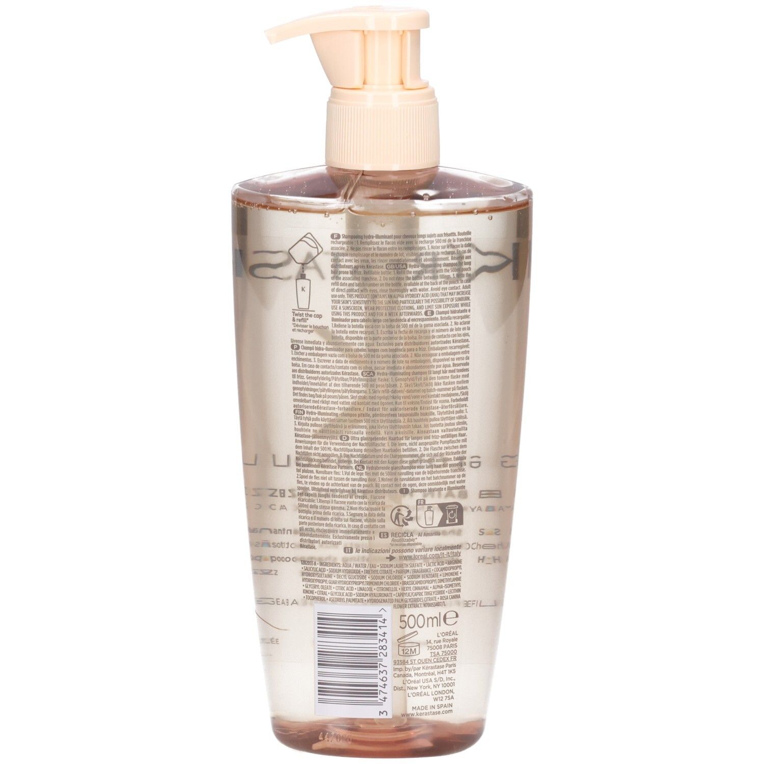 Rückseite der Kérastase Gloss Absolu Bain Hydra-Glaze Shampoo-Flasche mit Etikett und Pumpspender.