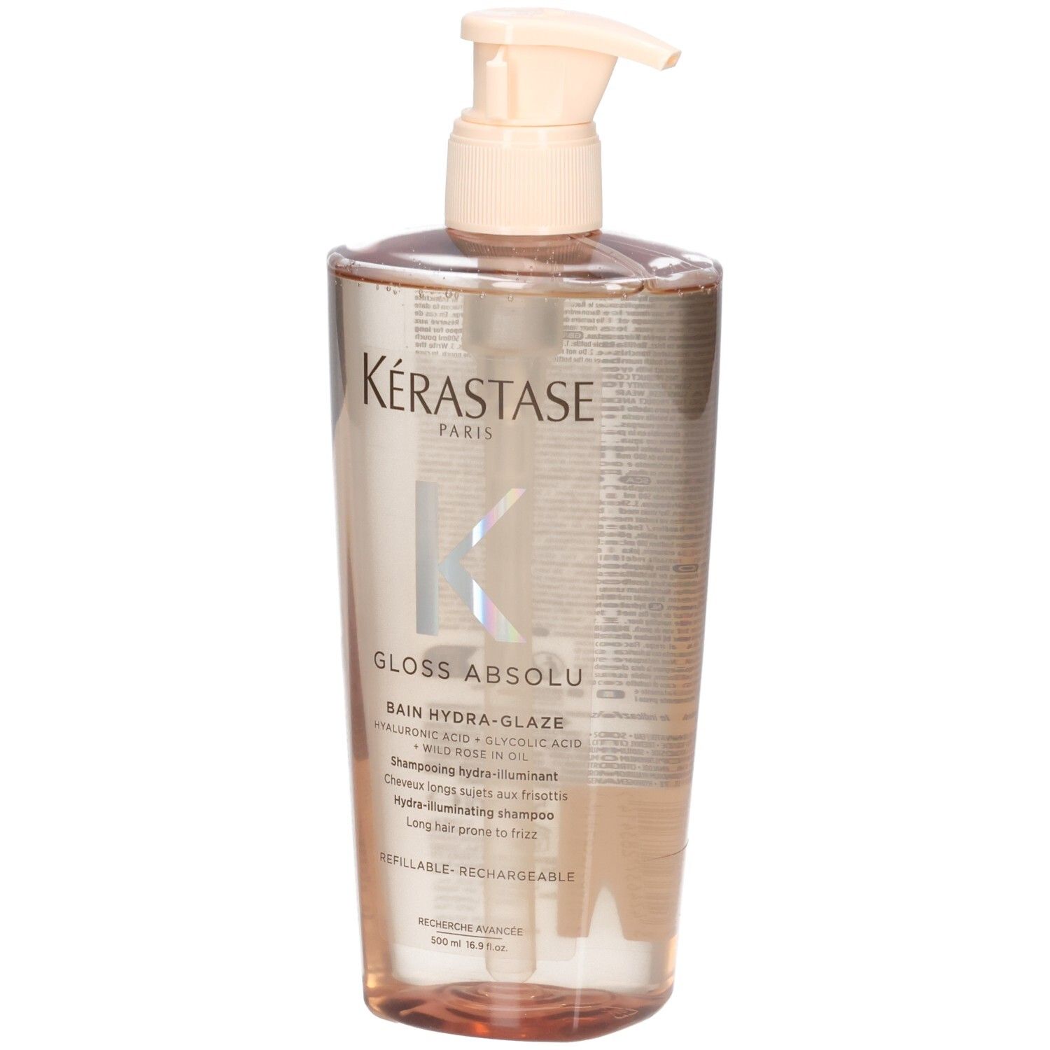 Kérastase Gloss Absolu Bain Hydra-Glaze Shampoo in transparenter Flasche mit Pumpspender.
