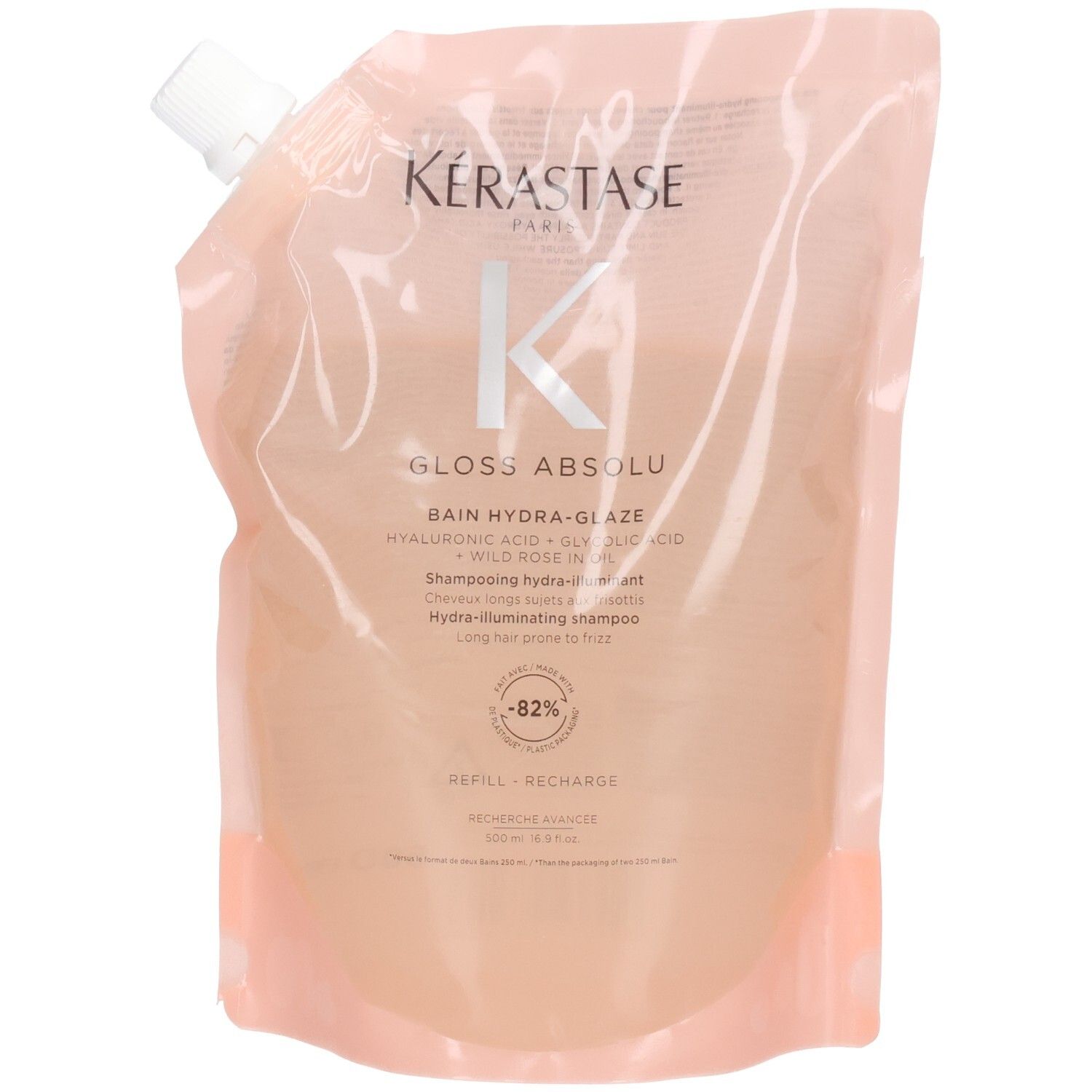 Kérastase Gloss Absolu Bain Hydra-Glaze Nachfüllbeutel mit Schraubverschluss. Transparenter Beutel mit rosa Farbverlauf.