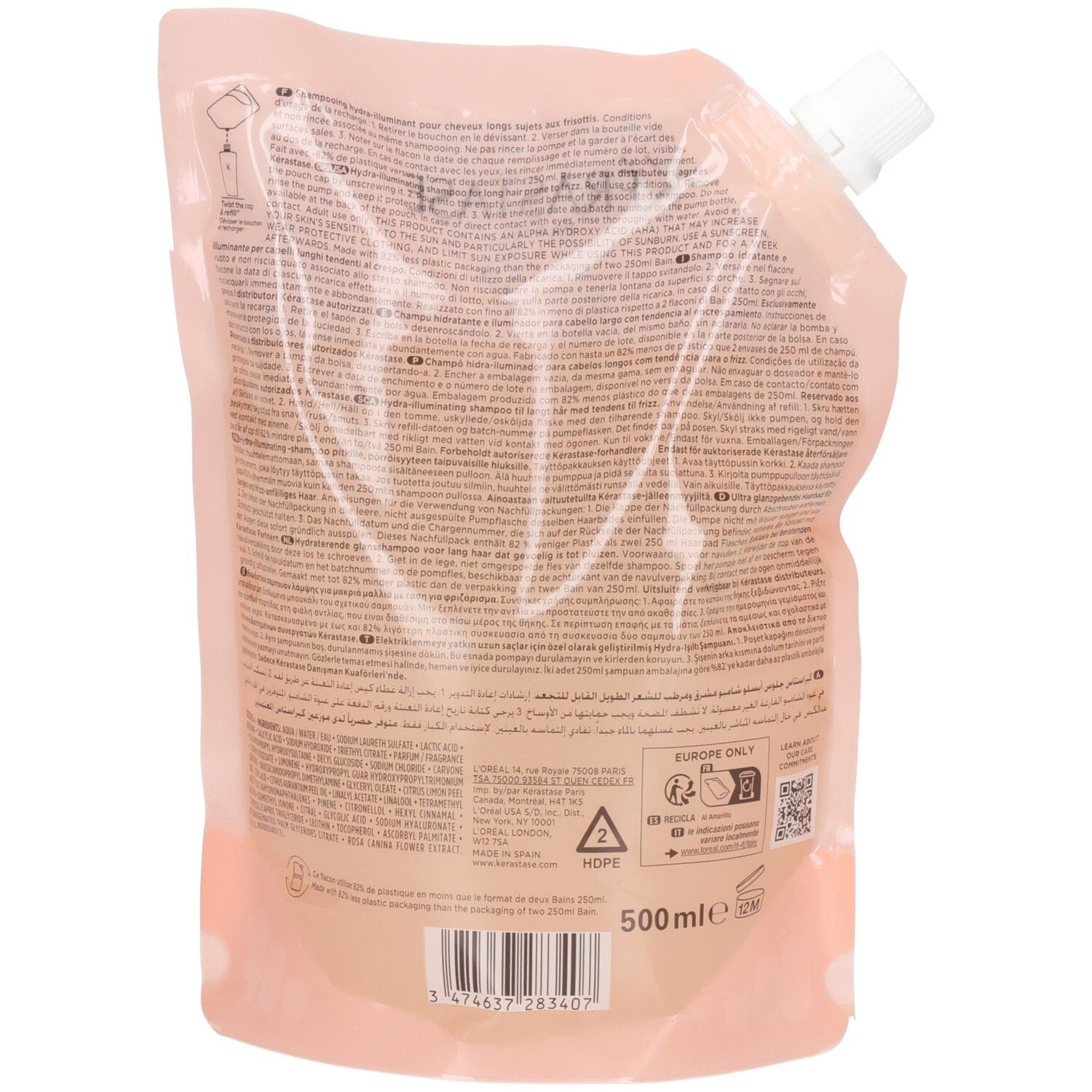 Rückseite eines Kérastase Gloss Absolu Bain Hydra-Glaze Nachfüllbeutels. Enthält Produktinformationen und Barcode.