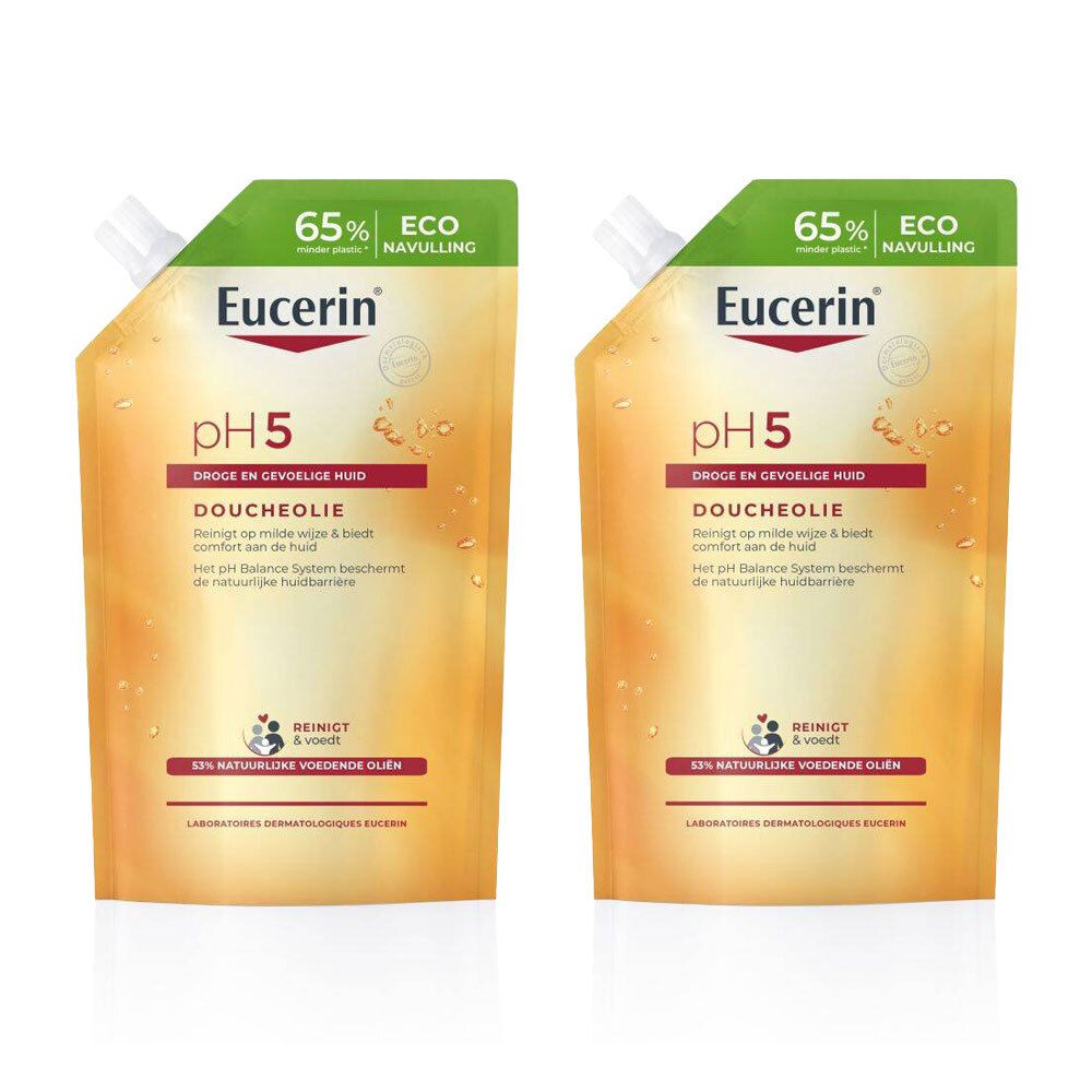 Zwei Eucerin pH5 Duschöl Nachfüllbeutel. Gelbe Beutel mit grünem Akzent. Text: pH5, für trockene, empfindliche Haut. 65% Eco.
