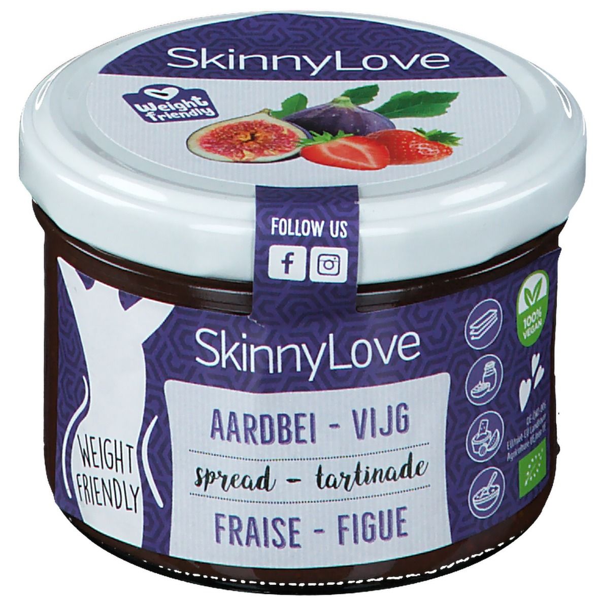 Pot de SkinnyLove. Couvercle avec figue et fraise. Inscription: Aardbei - Vijg, Fraise - Figue. Label Weight Friendly.