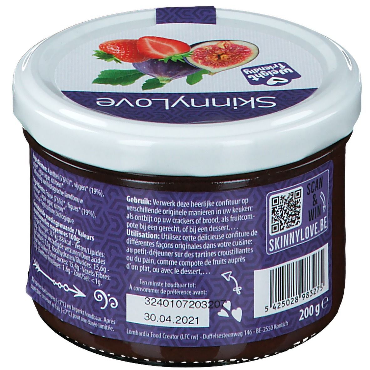 Pot SkinnyLove. Dos avec mode d'emploi et date de péremption. Inscription: SkinnyLove. 200g.