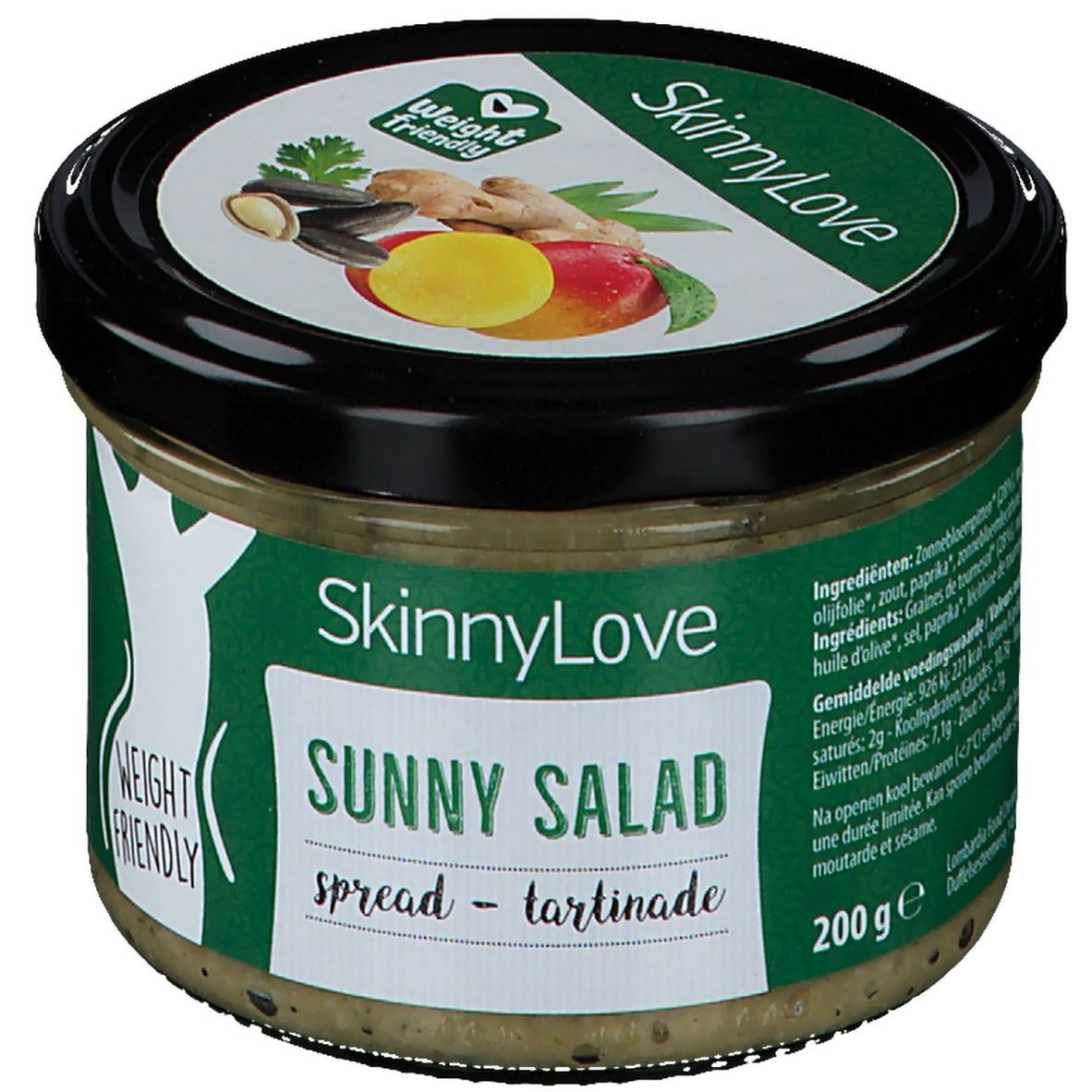 Glas mit SkinnyLove Sunny Salad Spread. Schwarzer Deckel, grünes Etikett mit Produktnamen und Logo. Gewicht: 200g.