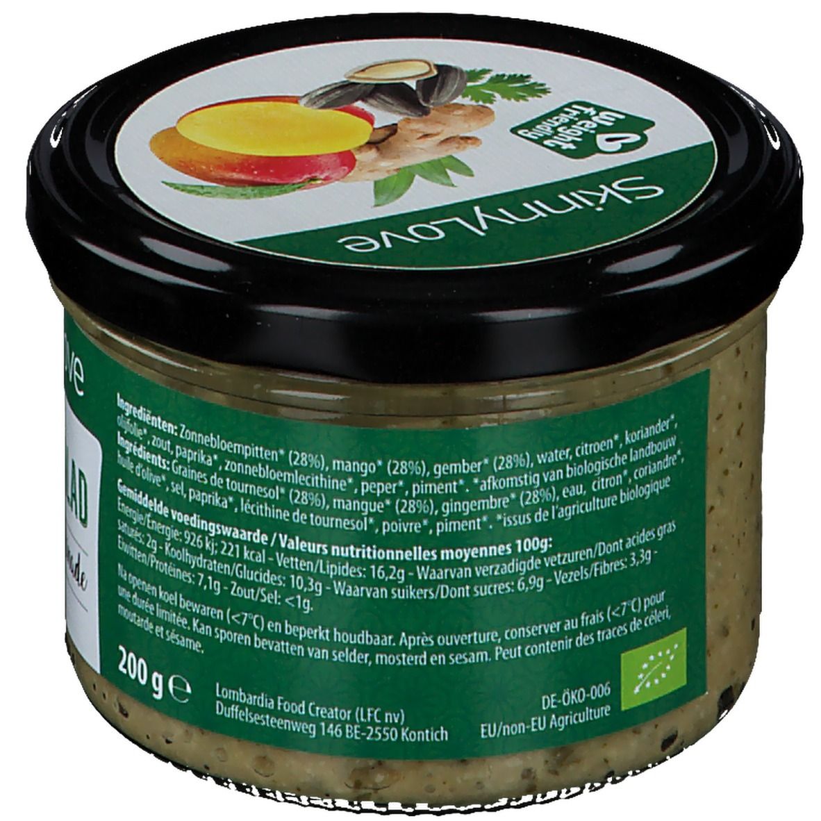 Glas SkinnyLove Sunny Salad Spread. Rückseite mit Zutatenliste und Nährwertangaben. Bio-Zertifizierung. Gewicht: 200g.