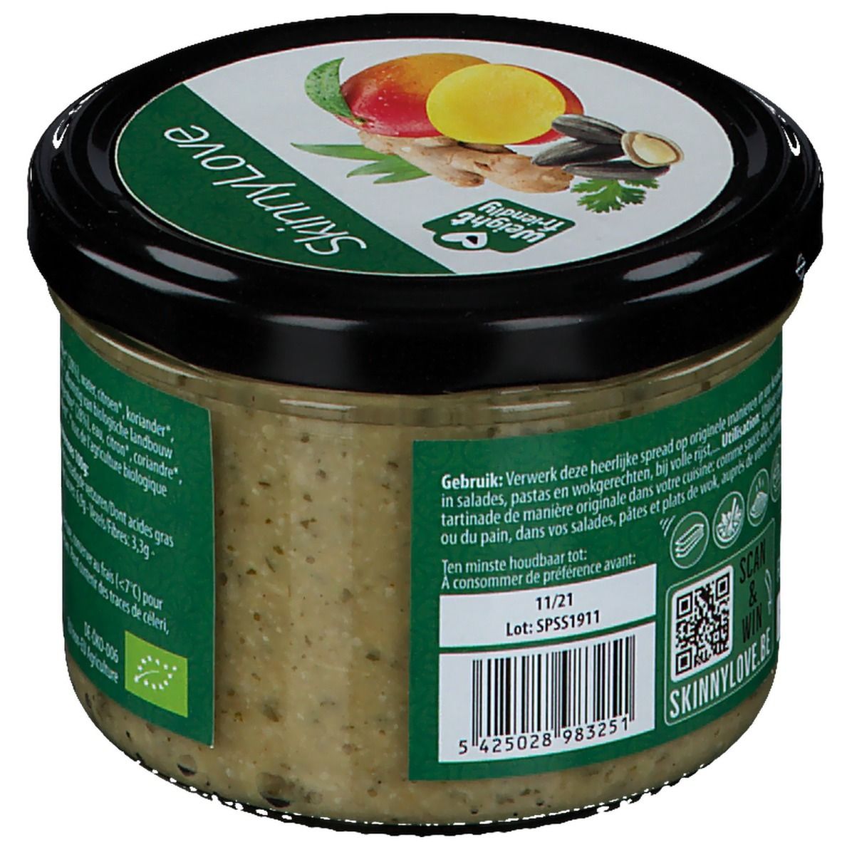 Glas SkinnyLove Sunny Salad Spread. Rückseite mit Gebrauchsanweisung und Mindesthaltbarkeitsdatum. QR-Code und Logo.