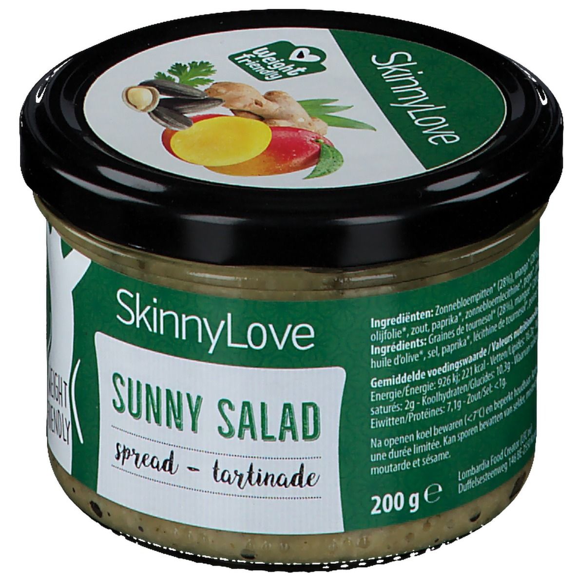 Glas SkinnyLove Sunny Salad Spread. Schwarzer Deckel, grünes Etikett mit Produktnamen und Logo. Gewicht: 200g.