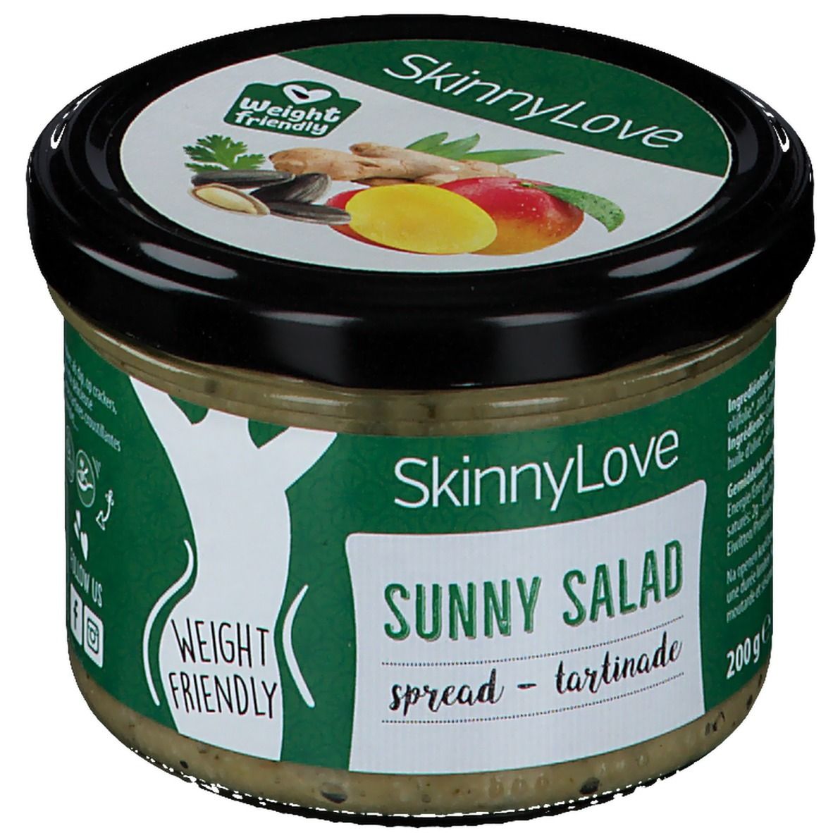 Glas SkinnyLove Sunny Salad Spread. Grünes Etikett mit Logo und Produktnamen. Gewicht: 200g. 'Weight Friendly' Logo.