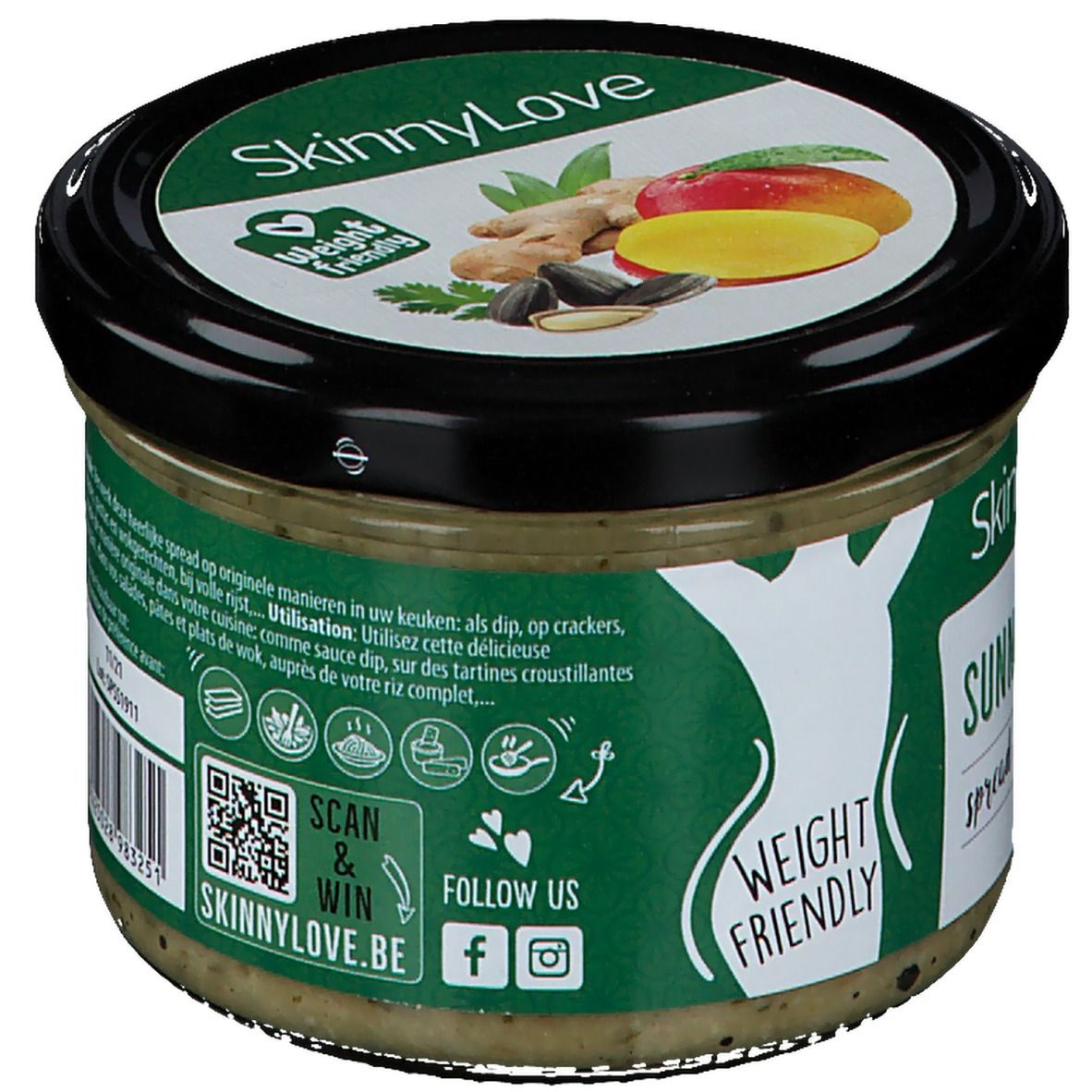 Glas SkinnyLove Sunny Salad Spread. Rückseite mit Gebrauchsanweisung, QR-Code und Social-Media-Icons. 'Weight Friendly' Logo.