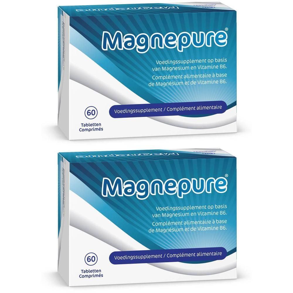 Zwei Schachteln MAGNEPURE Nahrungsergänzungsmittel mit je 60 Tabletten. Aufdruck "Nahrungsergänzungsmittel / Voedingssupplement".
