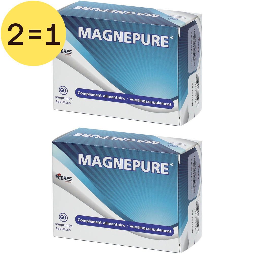 Zwei Schachteln MAGNEPURE®. Jede Schachtel enthält 60 Tabletten. Auf der Verpackung steht "Complément alimentaire / Voedingssupplement".