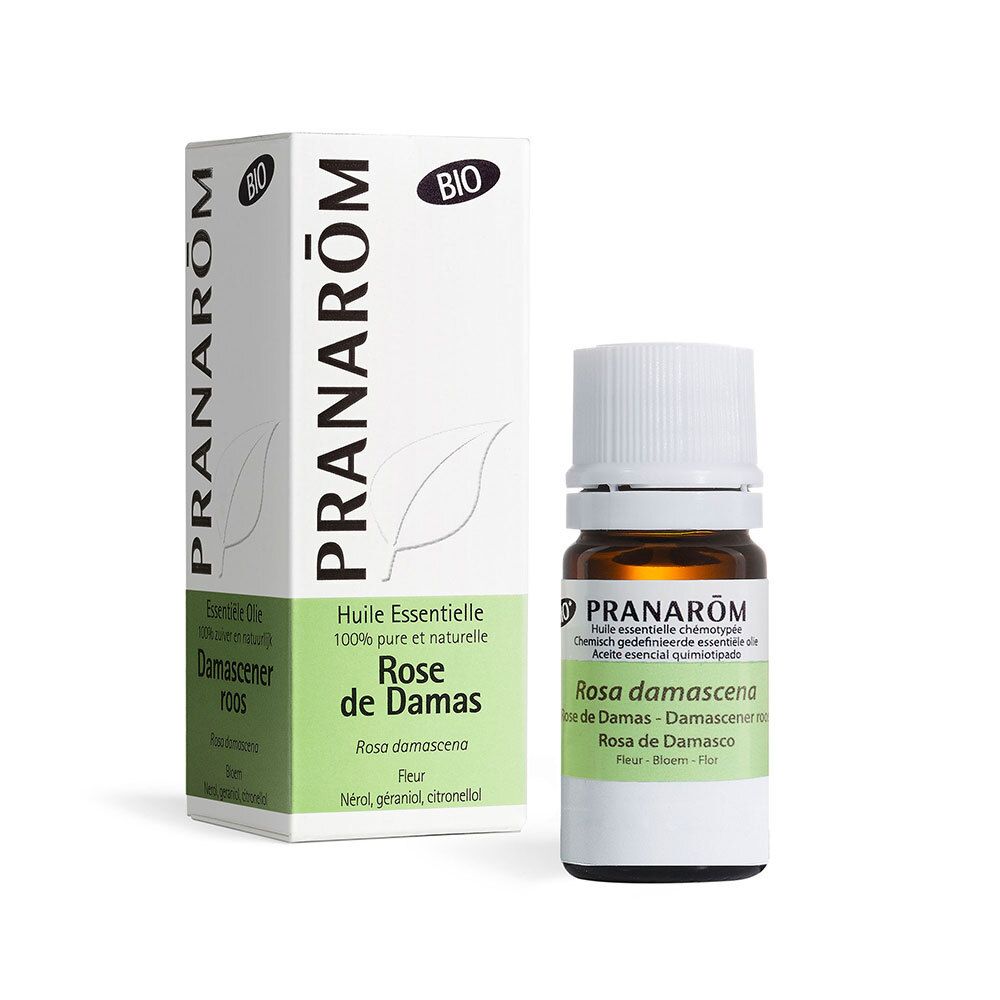 Ätherisches Öl Rose de Damas und Verpackung. Marke PRANAROM. BIO-Zertifizierung.