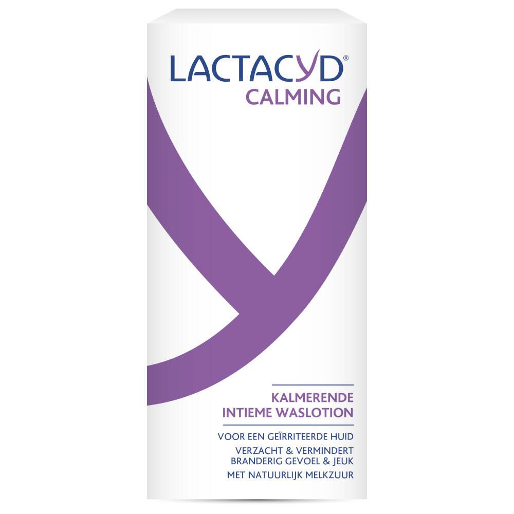 Rechteckige Verpackung mit Lactacyd Calming und lila Y-Symbol. Text: Kalmerende Intieme Waslotion. Für gereizte Haut.