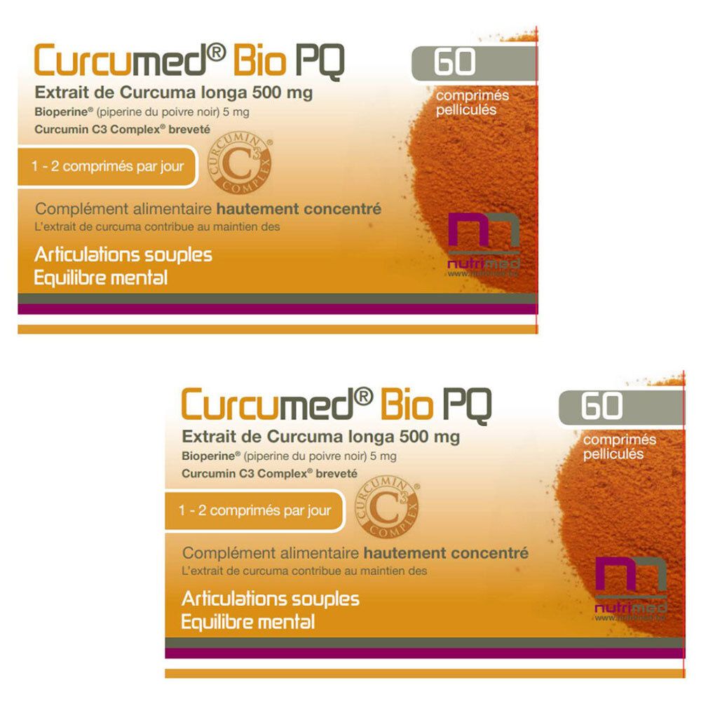 Deux boîtes de Curcumed® Bio PQ. Inscription : Extrait de Curcuma longa 500 mg, 60 comprimés. Emballage orange-brun avec logo.