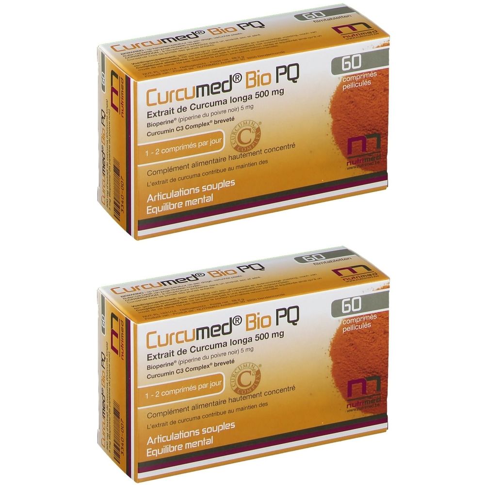 Deux boîtes de Curcumed® Bio PQ. Inscription : Extrait de Curcuma longa 500 mg, 60 comprimés. Emballage orange-brun avec logo.