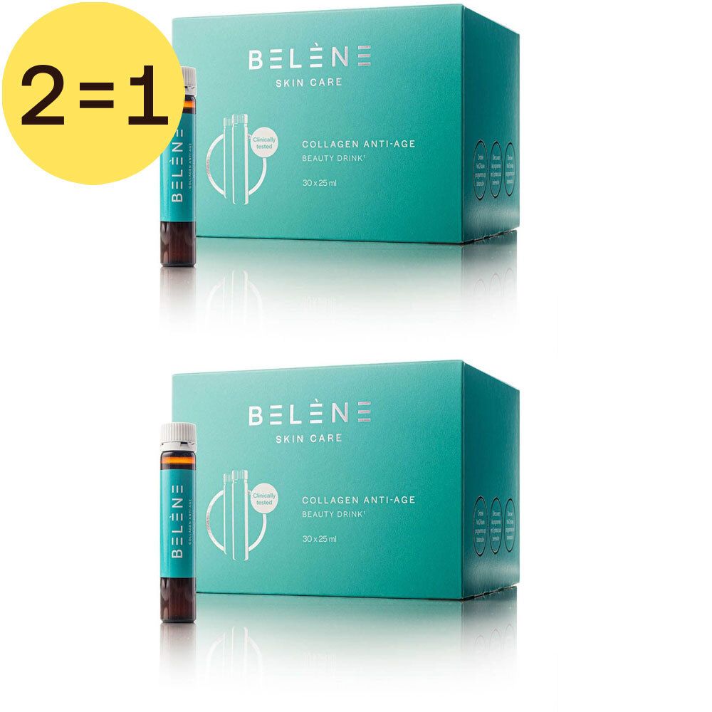 Deux boîtes turquoise avec "Belène Skin Care" et "Collagen Anti-Age Beauty Drink". Deux ampoules à côté. Symbole jaune 2=1.