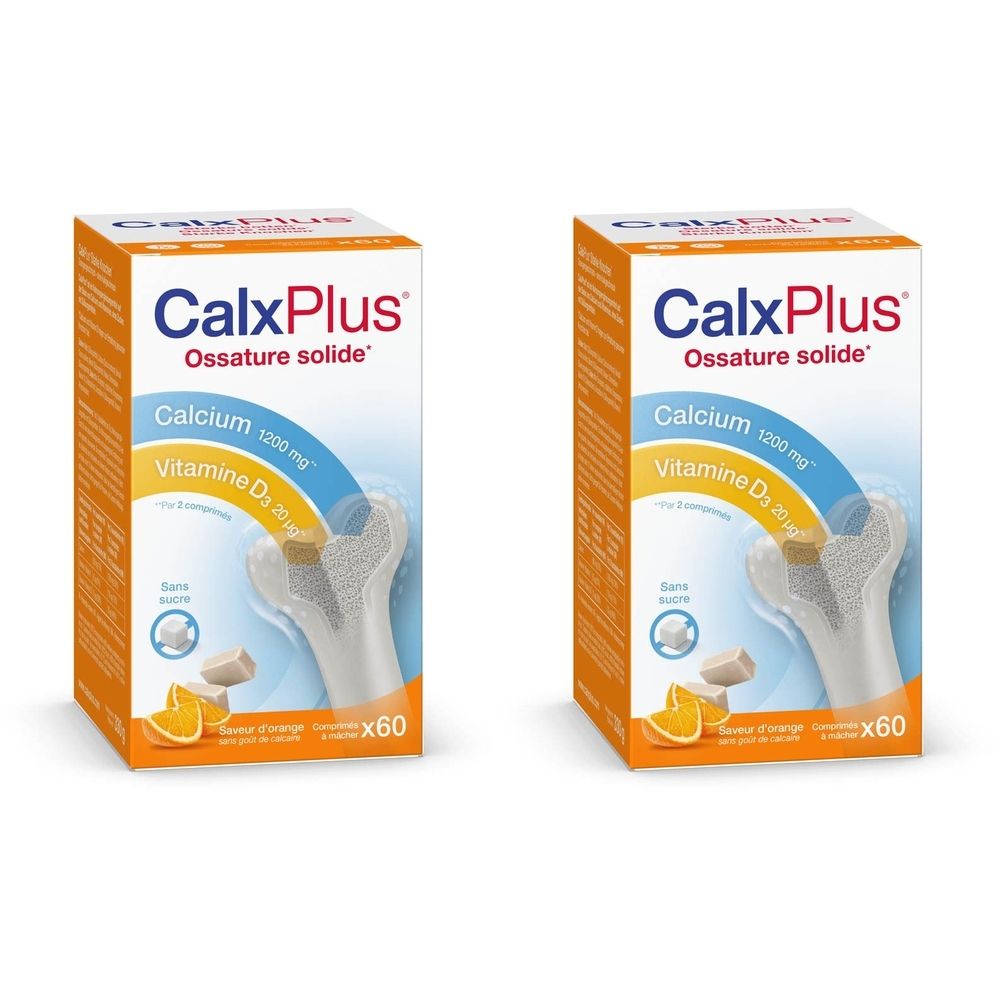 Deux boîtes de CalxPlus. Emballages orange avec informations produit et illustration d'os. Contient calcium et vitamine D3.