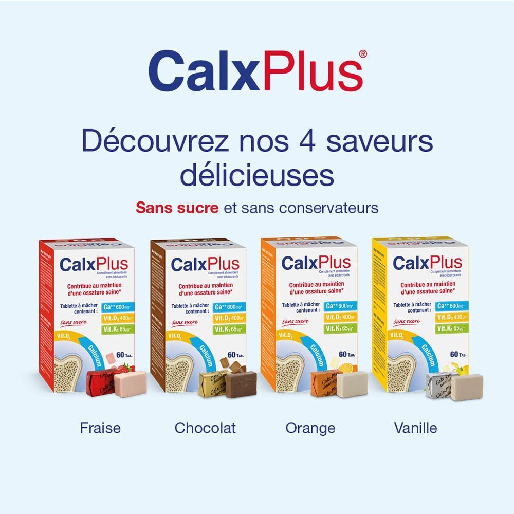 Paquets CalxPlus en quatre saveurs: Fraise, Chocolat, Orange, Vanille. 60 comprimés par paquet.