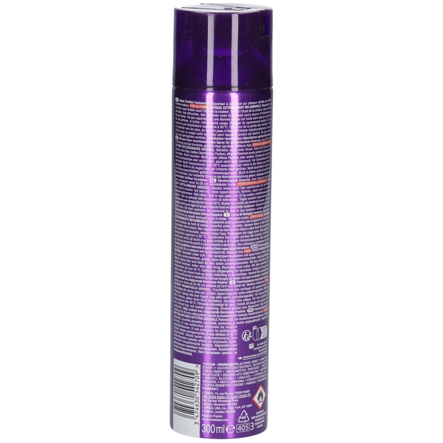 Rückseite der Kérastase Laque Couture Haarlack-Dose, zeigt 300ml und L'Oréal Logo.