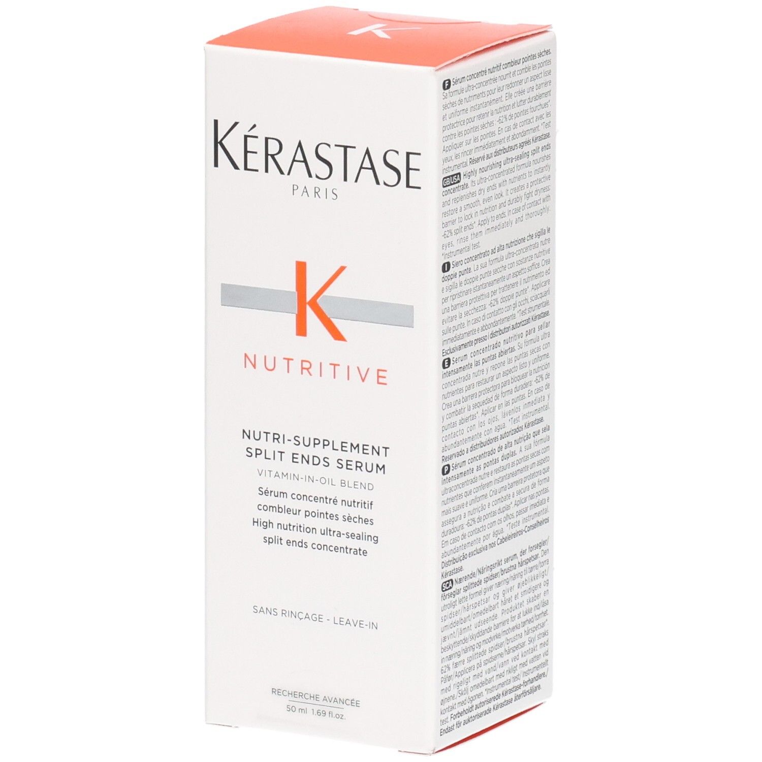 Kérastase Nutritive Split Ends Serum Verpackung. Enthält Vitamin-in-Öl-Mischung.