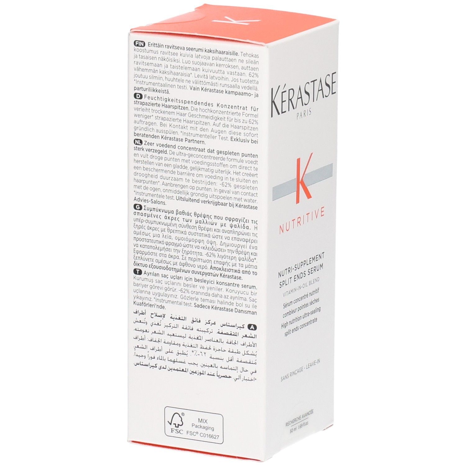 Kérastase Nutritive Split Ends Serum Verpackung. Mehrsprachige Produktinformationen.