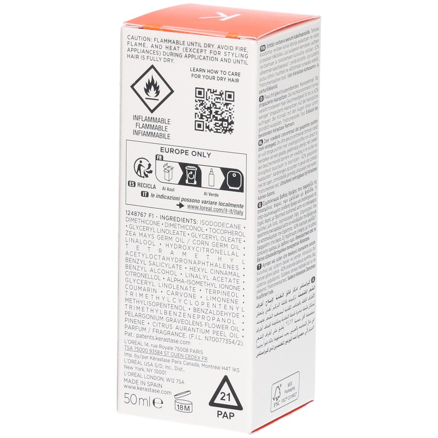 Kérastase Nutritive Split Ends Serum Verpackung. Warnhinweise und Inhaltsstoffe.