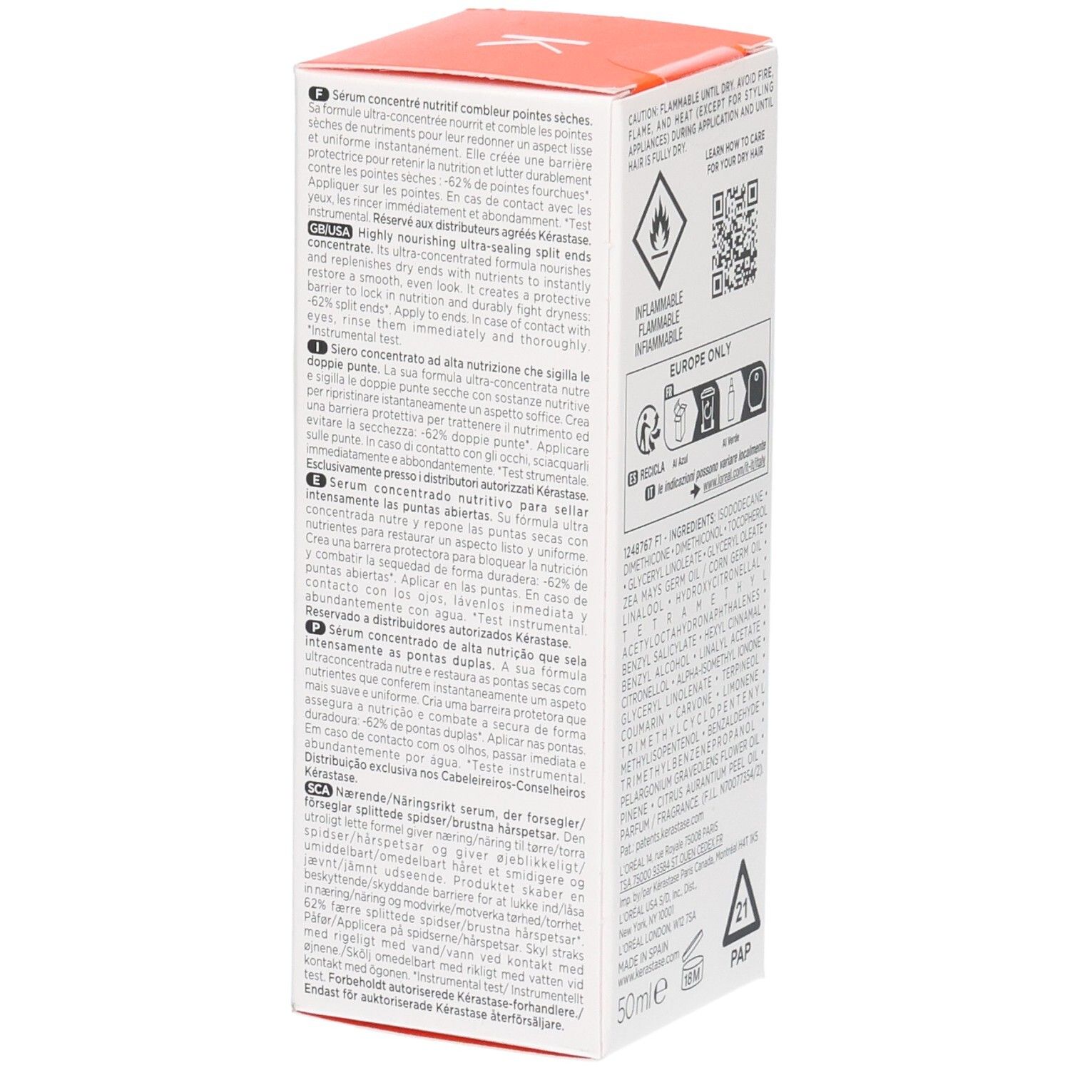 Kérastase Nutritive Split Ends Serum Verpackung. Anwendungshinweise in mehreren Sprachen.