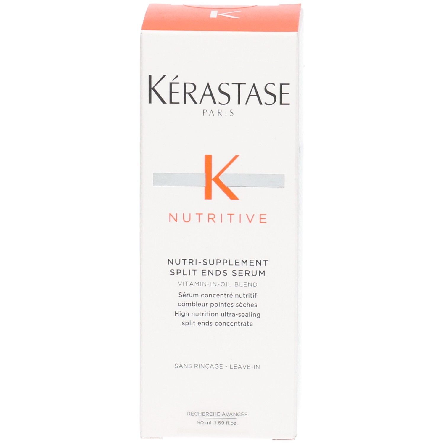 Kérastase Nutritive Split Ends Serum Verpackung. Enthält Vitamin-in-Öl-Mischung.