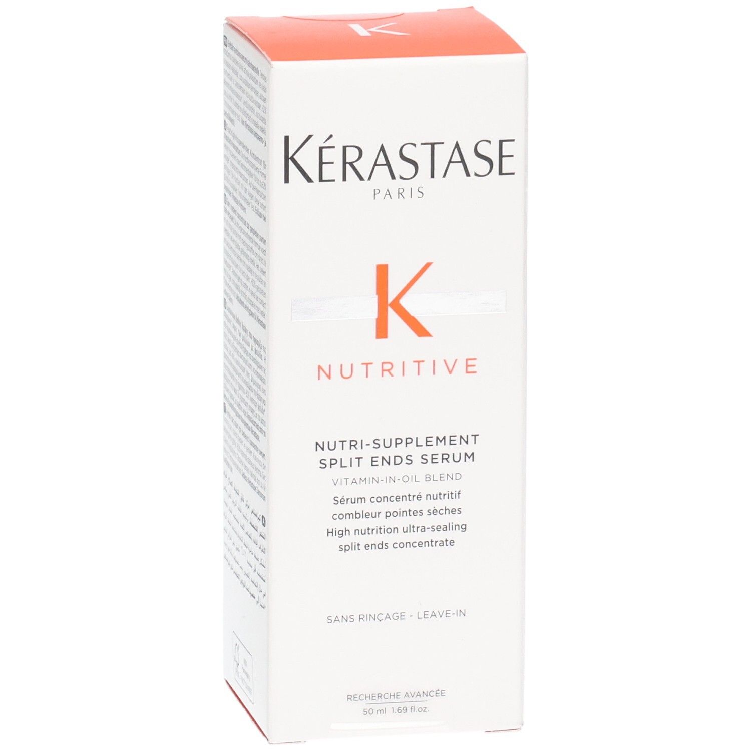 Kérastase Nutritive Split Ends Serum Verpackung. Enthält Vitamin-in-Öl-Mischung.