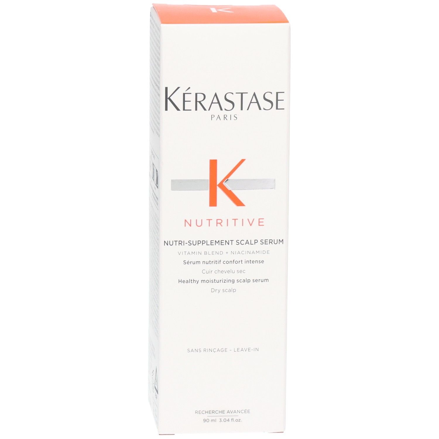 Vorderseite der Kérastase Nutritive Nutri-Supplement Scalp Serum Verpackung. Für trockene Kopfhaut.