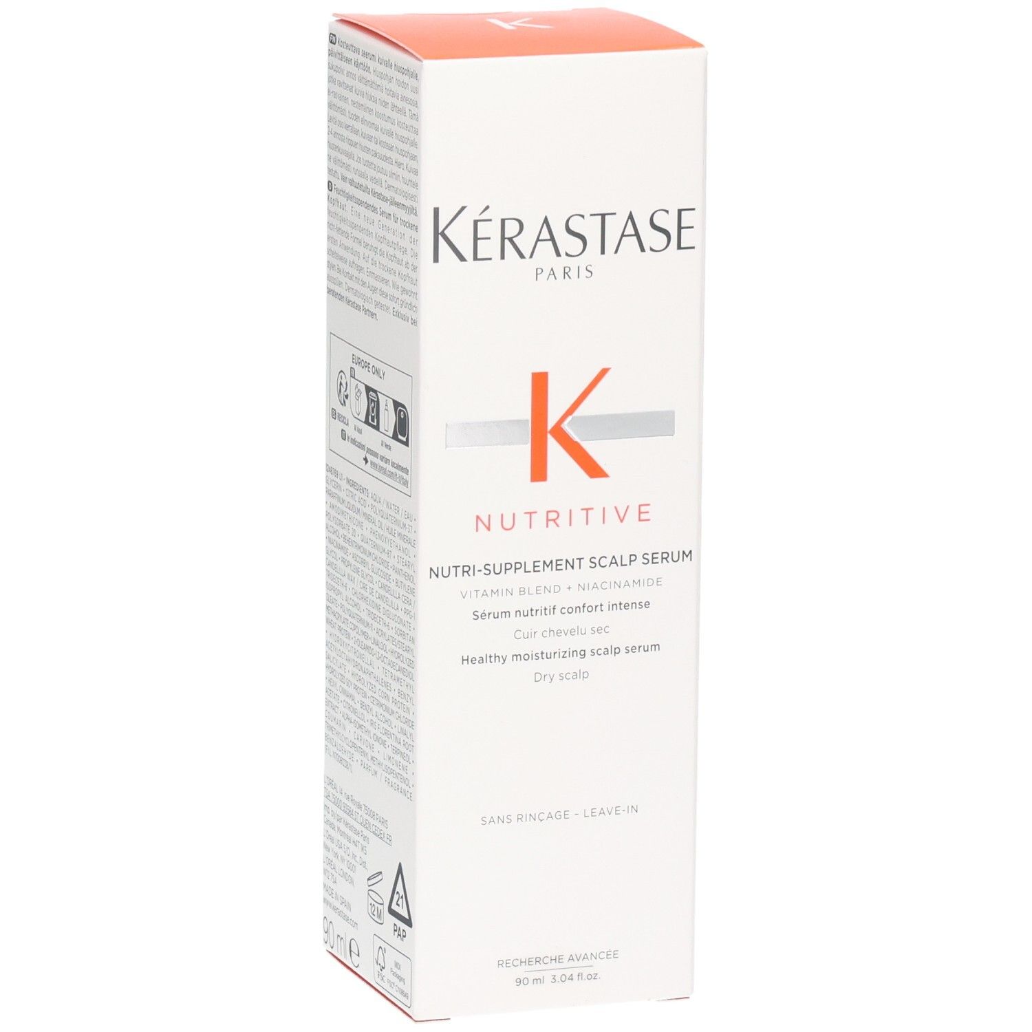 Kérastase Nutritive Nutri-Supplement Scalp Serum Verpackung. Enthält Vitamin-Komplex + Niacinamid.