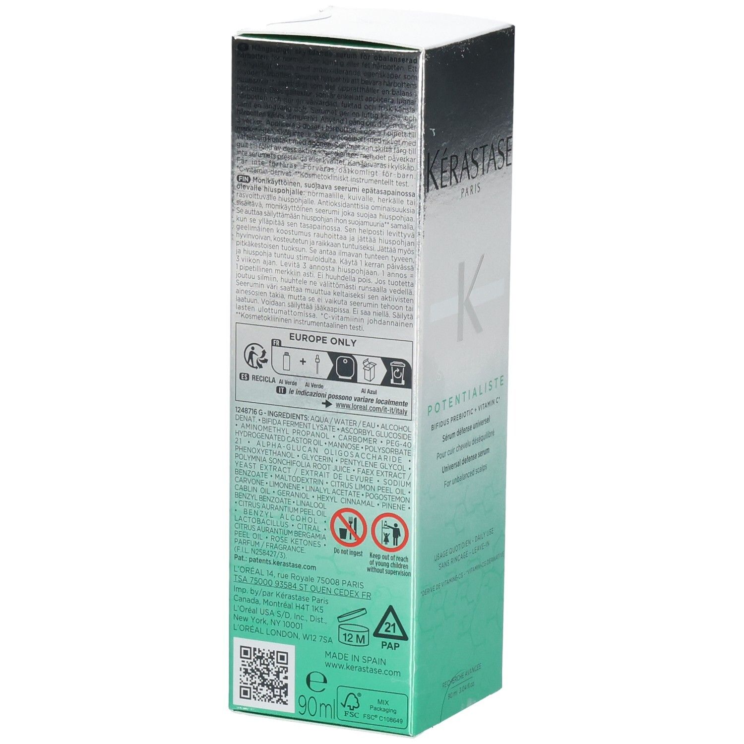 Rückseite der Kerastase Spécifique Serum Potentialiste Verpackung mit Inhaltsstoffen und Anwendungshinweisen.