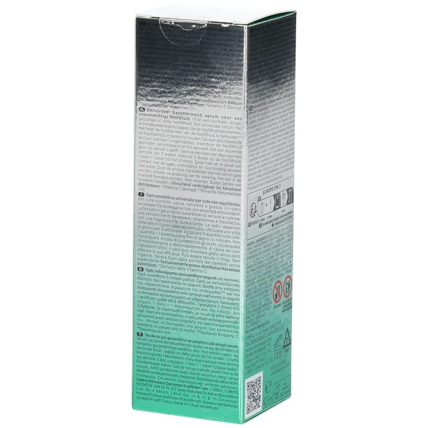Seite der Kerastase Spécifique Serum Potentialiste Verpackung mit Text in mehreren Sprachen.