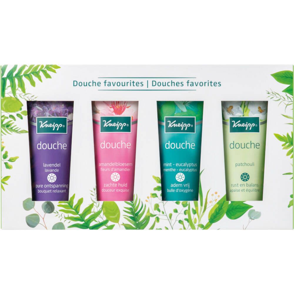 Geschenkset mit vier Duschgel-Tuben. Jede Tube hat eine andere Farbe und Aufschrift. Die Verpackung ist weiß mit grünen Blättern.