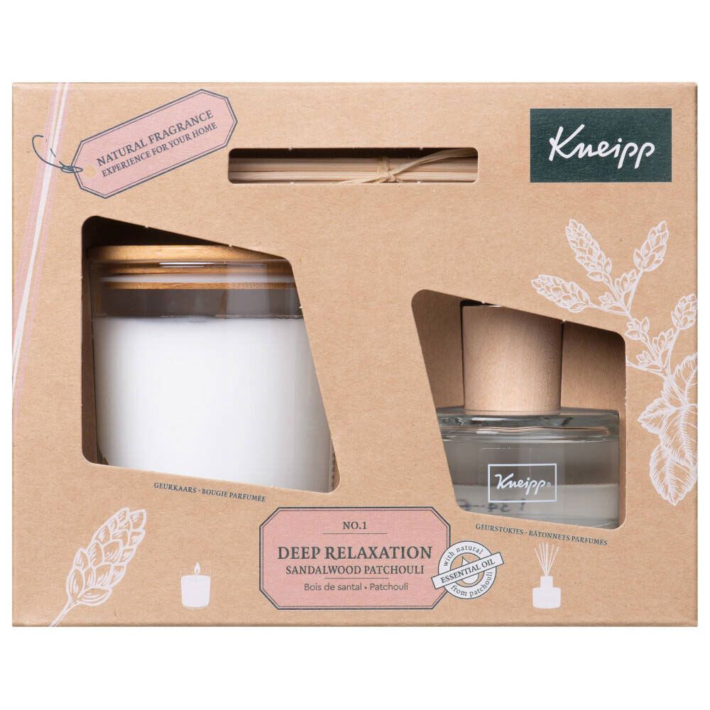 Coffret cadeau avec bougie et diffuseur. Emballage marron. Logo Kneipp visible.