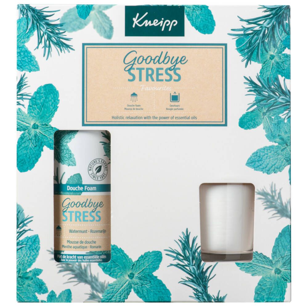 Coffret cadeau Kneipp 'Goodbye Stress'. Contient mousse de douche et bougie. Emballage à motifs floraux.