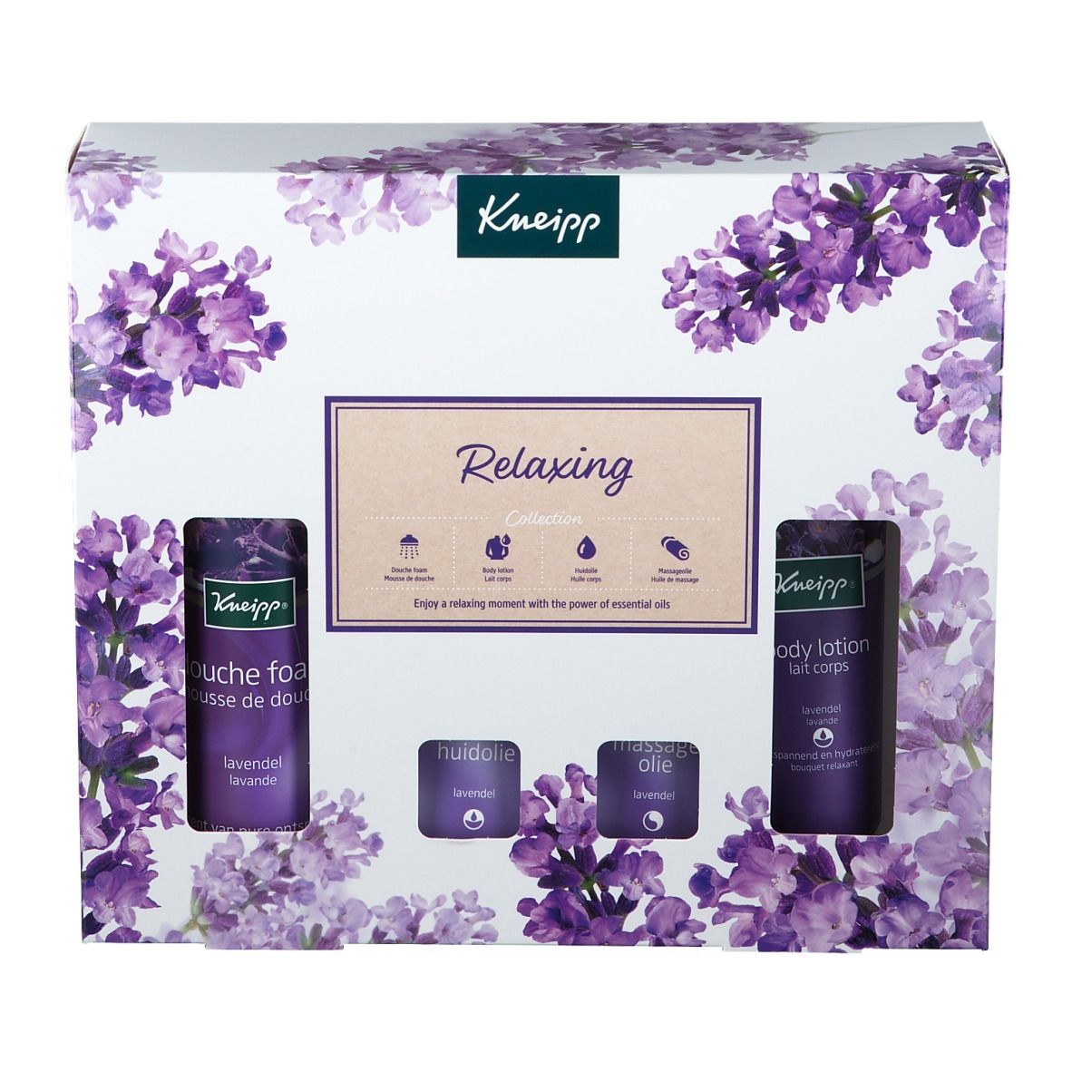 Coffret cadeau Kneipp avec motif floral violet. Contient mousse de douche, lotion pour le corps, huile de bain et huidolie.