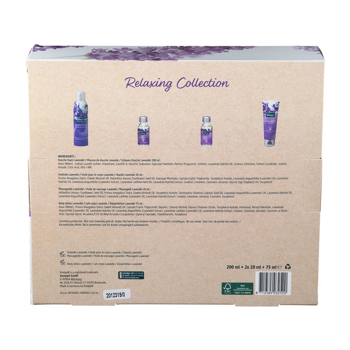 Dos du coffret cadeau avec informations produit et ingrédients. Logo Kneipp et certifications.