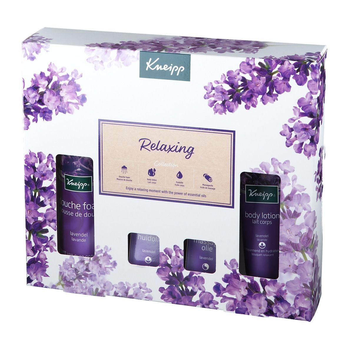 Coffret cadeau Kneipp avec motif floral violet. Contient mousse de douche, lotion pour le corps, huile de bain et huidolie.
