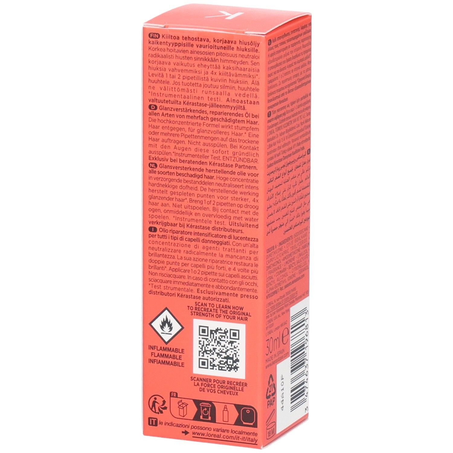 Kérastase Première Huile Gloss Réparatrice. Seitenansicht der Verpackung mit Warnhinweisen und QR-Code.