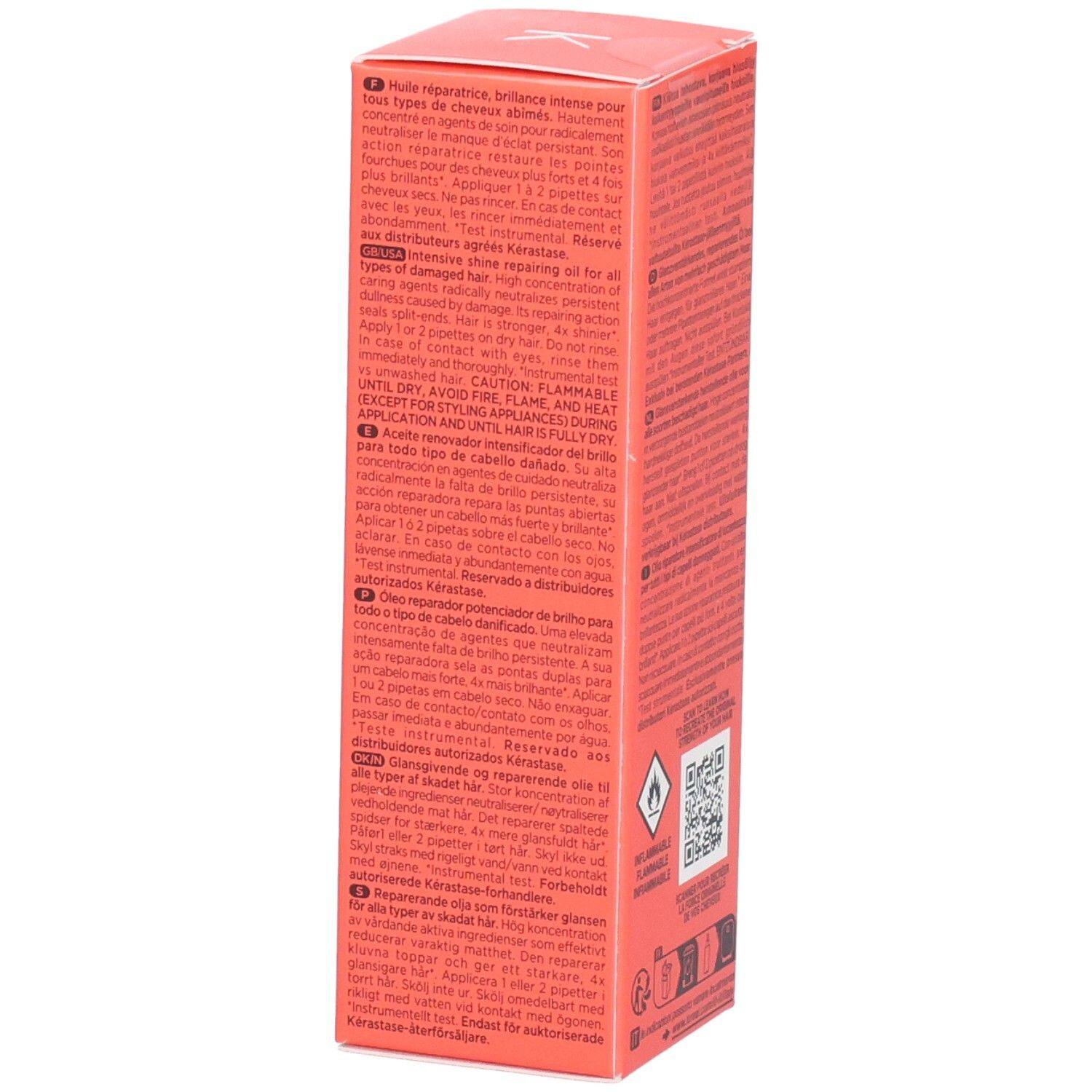 Kérastase Première Huile Gloss Réparatrice. Seitenansicht der Verpackung mit Produktinformationen in mehreren Sprachen.