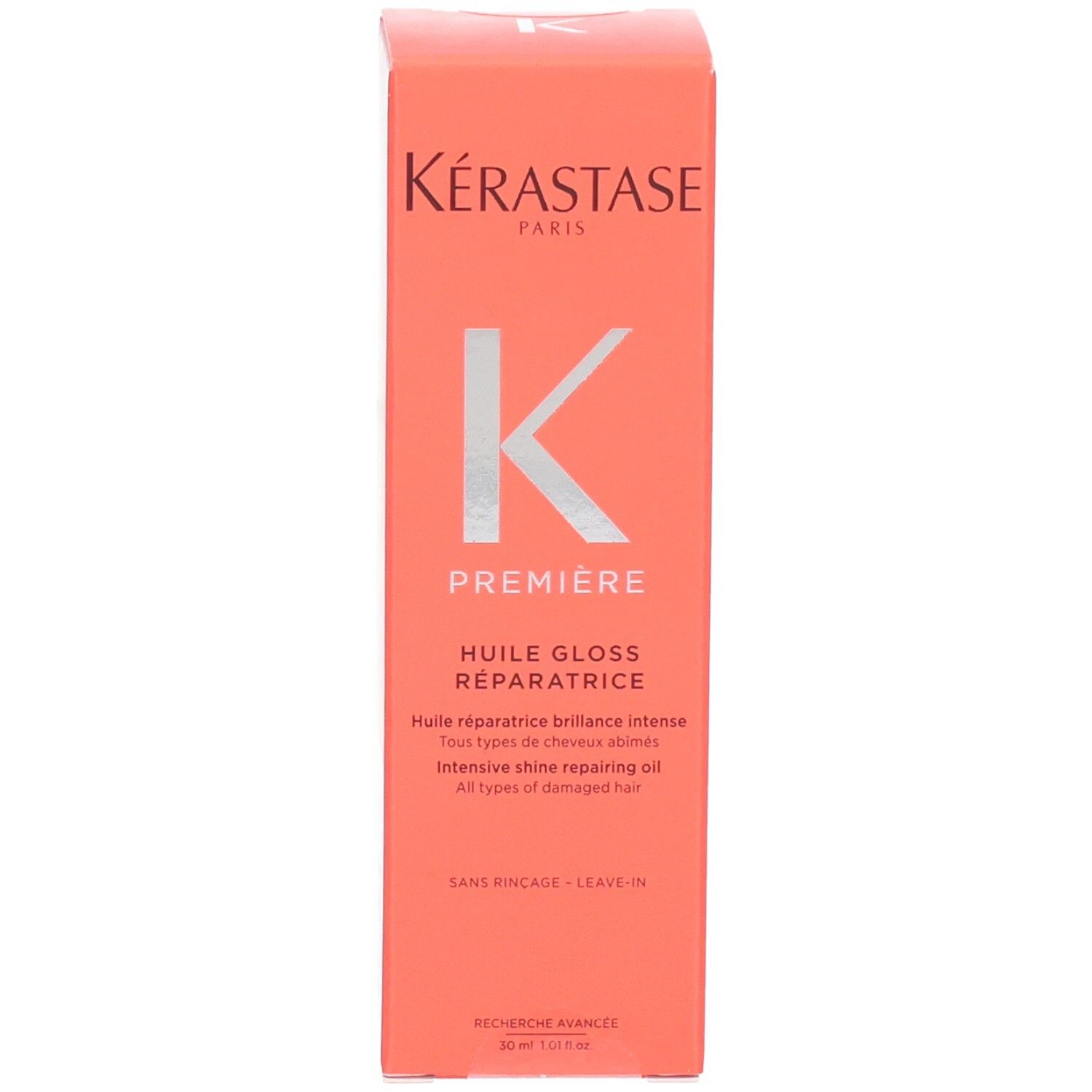 Kérastase Première Huile Gloss Réparatrice. Vorderseite der Verpackung mit Logo und Produktbezeichnung.