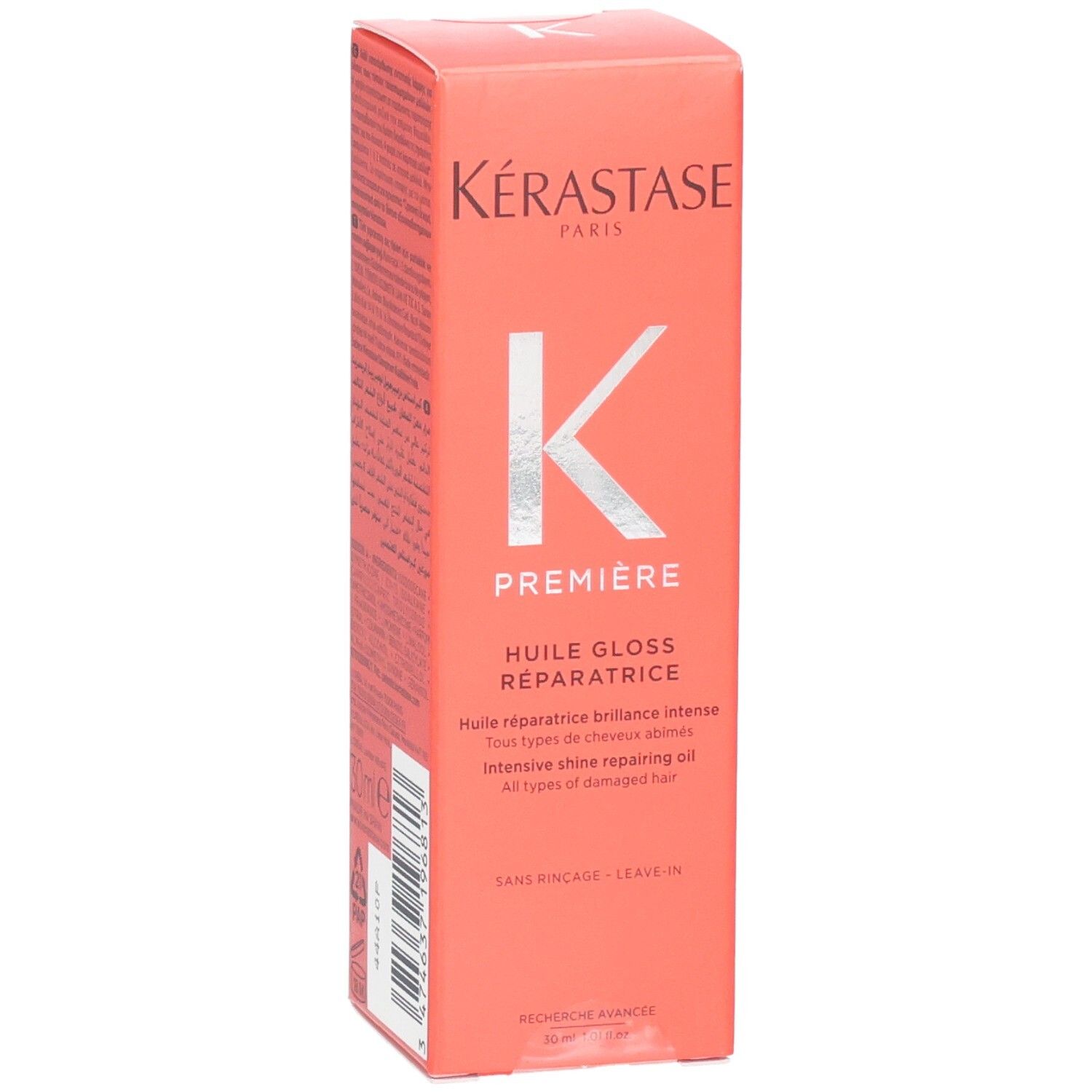 Kérastase Première Huile Gloss Réparatrice. Verpackung mit K-Logo und Glanz-Reparaturöl-Bezeichnung.