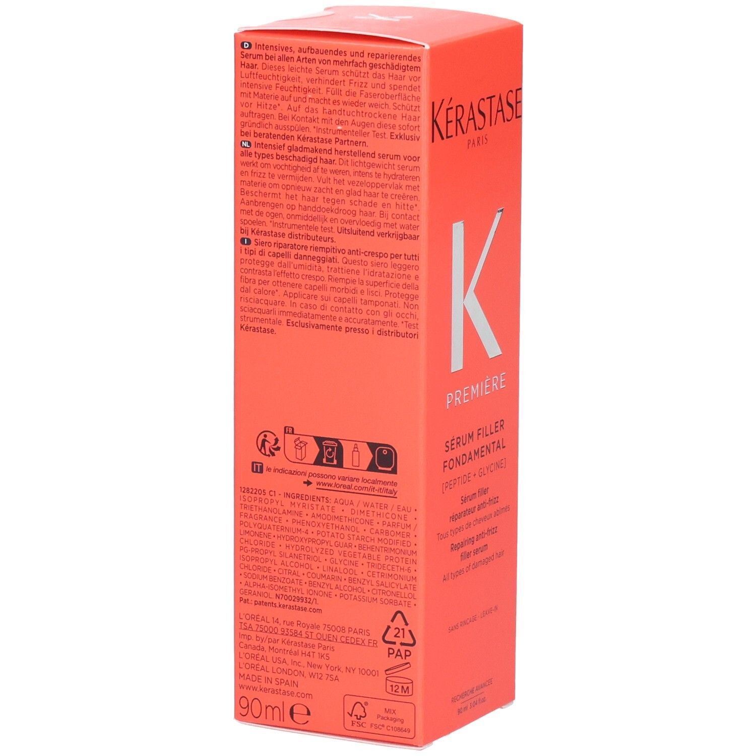 Kérastase Première Sérum Filler Fondamental, Rückseite mit Inhaltsstoffen und Anwendungshinweisen.