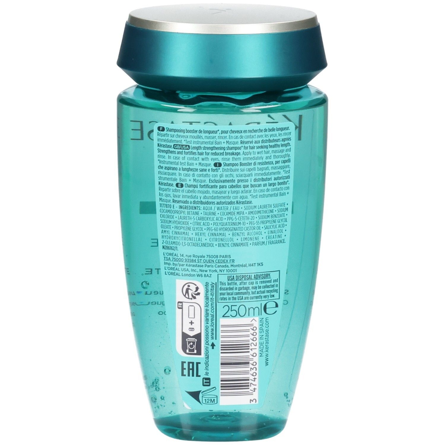 Arrière du flacon de shampoing Kérastase Resistance Bain Extentioniste avec étiquette.