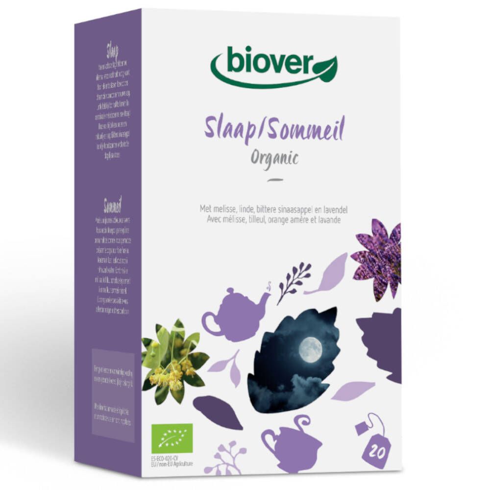 Biover Schlaf Bio. Karton mit Teebeuteln. Aufdrucke: 'Slaap/Sommeil Organic', 20 Teebeutel, Bio-Siegel.
