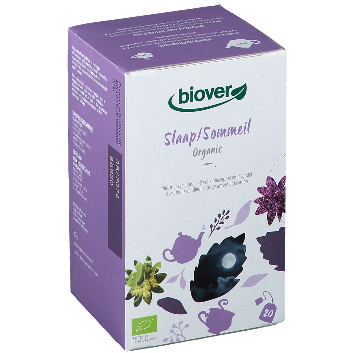 Biover Schlaf Bio. Karton mit Teebeuteln. Aufdrucke: 'Slaap/Sommeil Organic', 20 Teebeutel, Bio-Siegel.
