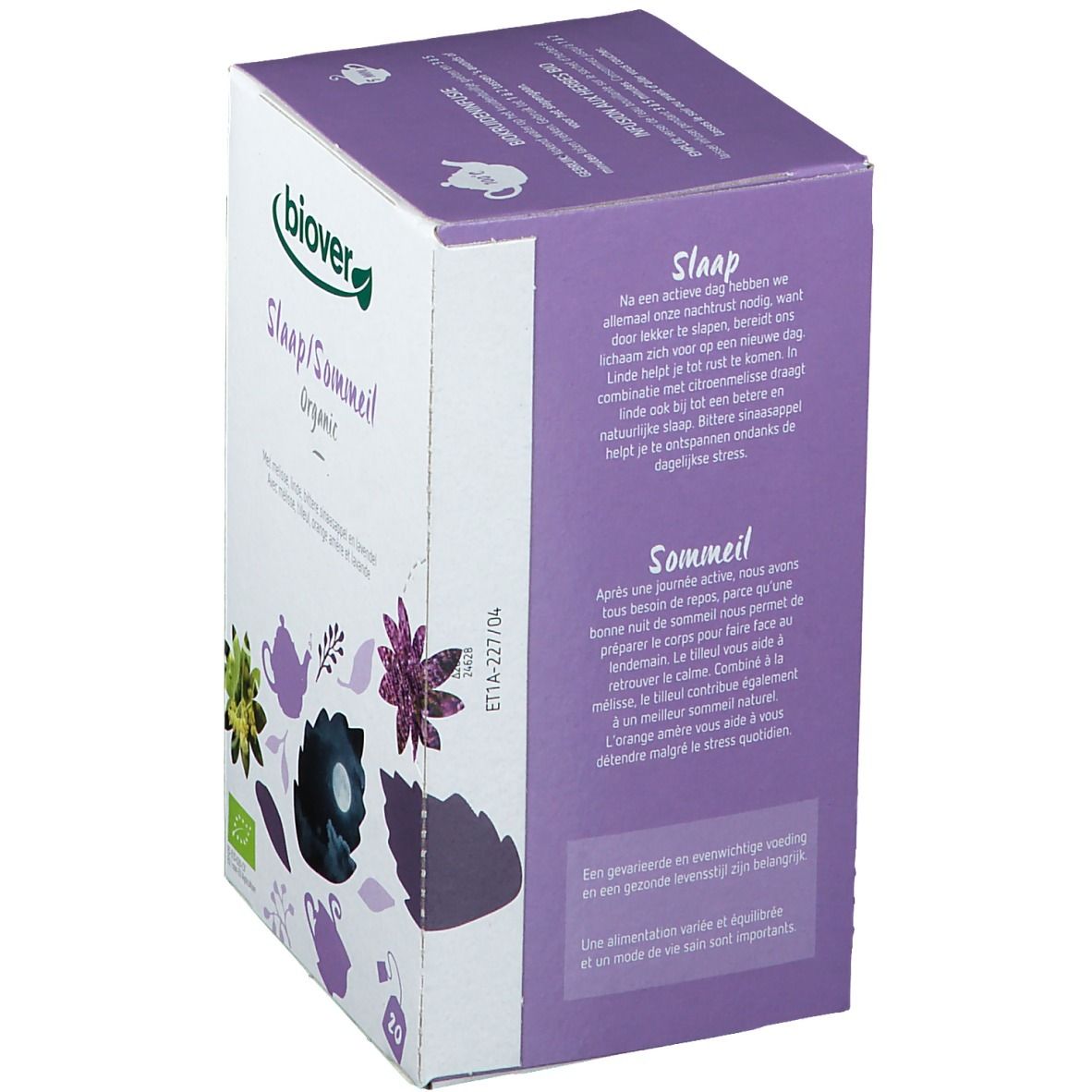Biover Schlaf Bio. Karton mit Teebeuteln. Aufdrucke: 'Slaap/Sommeil Organic', 20 Teebeutel, Bio-Siegel.