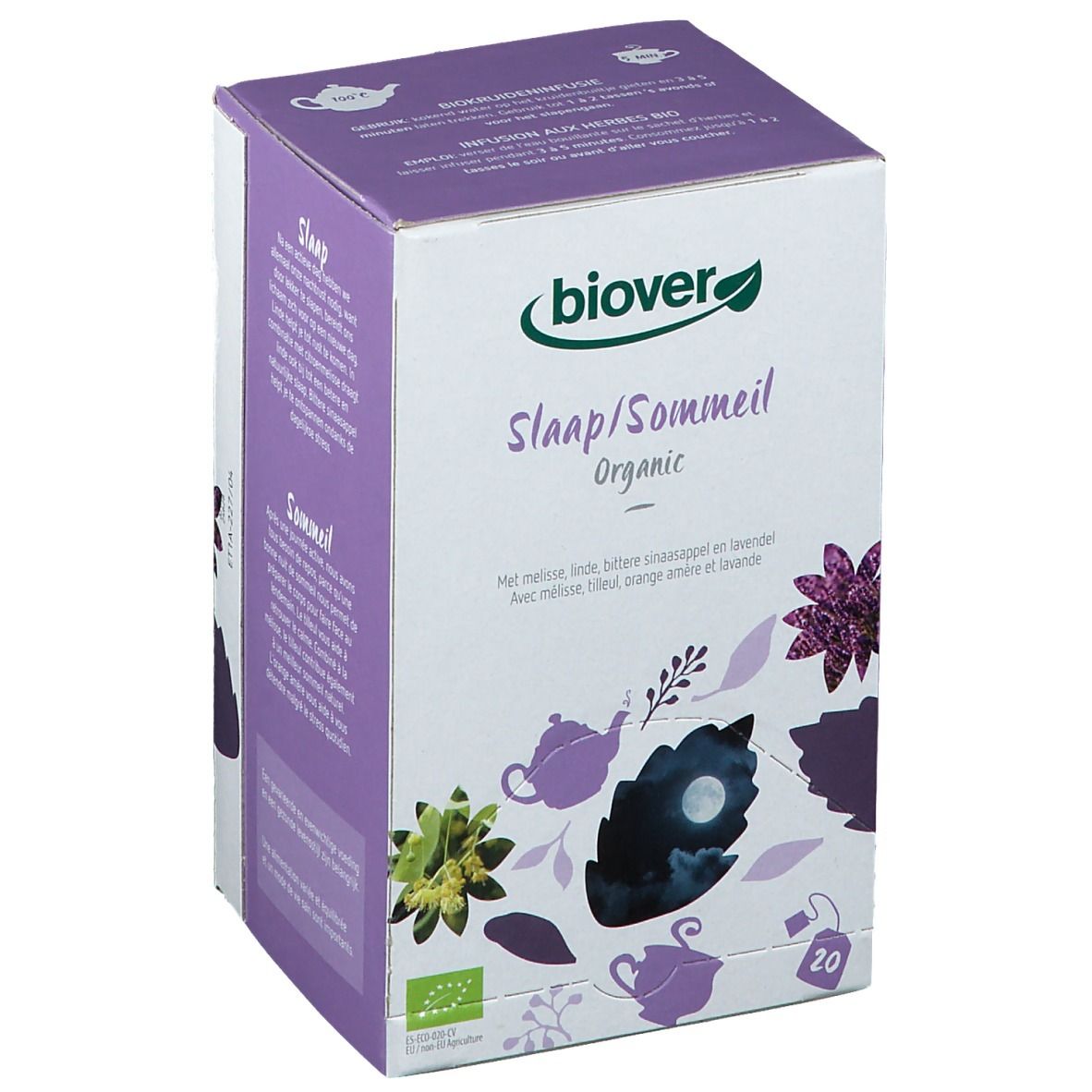 Biover Schlaf Bio. Karton mit Teebeuteln. Aufdrucke: 'Slaap/Sommeil Organic', 20 Teebeutel, Bio-Siegel.